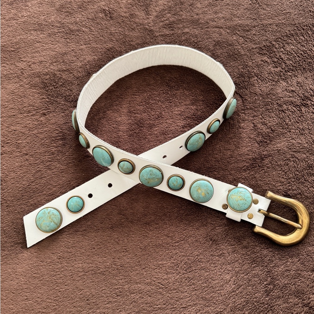 Michael Morrison White Leather & Turquoise Belt with Brass Buckle.